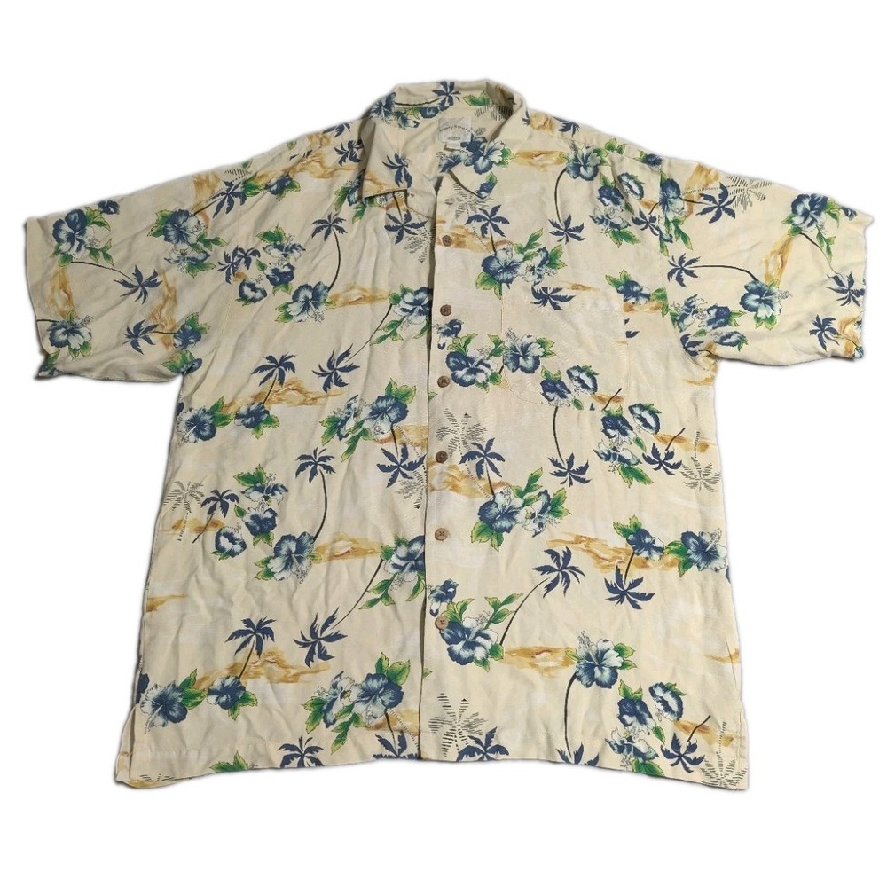Tommy Bahama Relax Hawaiian Shirt Mens XL 100% Silk Hibiscus Palm Floral Cream